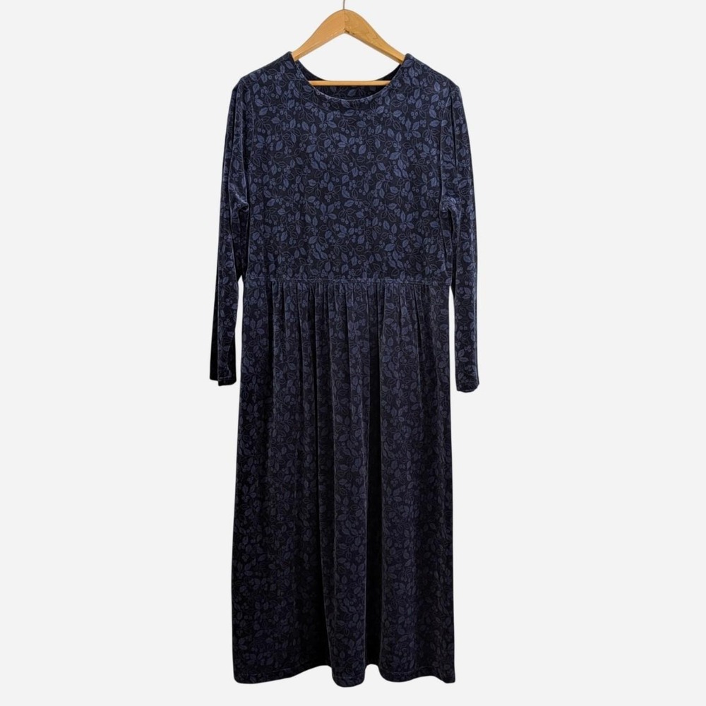 Vintage 90s Y2K LL Bean Velour Maxi Dress Navy Leaf Berry Print Cottagecore 18